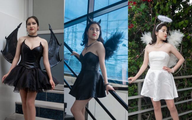 disfraz de ángel para Halloween, disfraz de diablita y disfraz de dragona