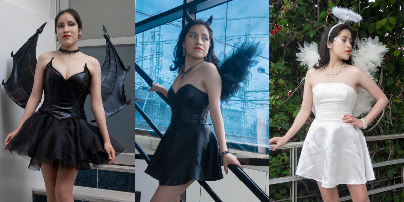 disfraz de ángel para Halloween, disfraz de diablita y disfraz de dragona